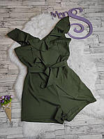 Женский летний комбинезон Elegance с поясом и рюшами цвета хаки 46 размер