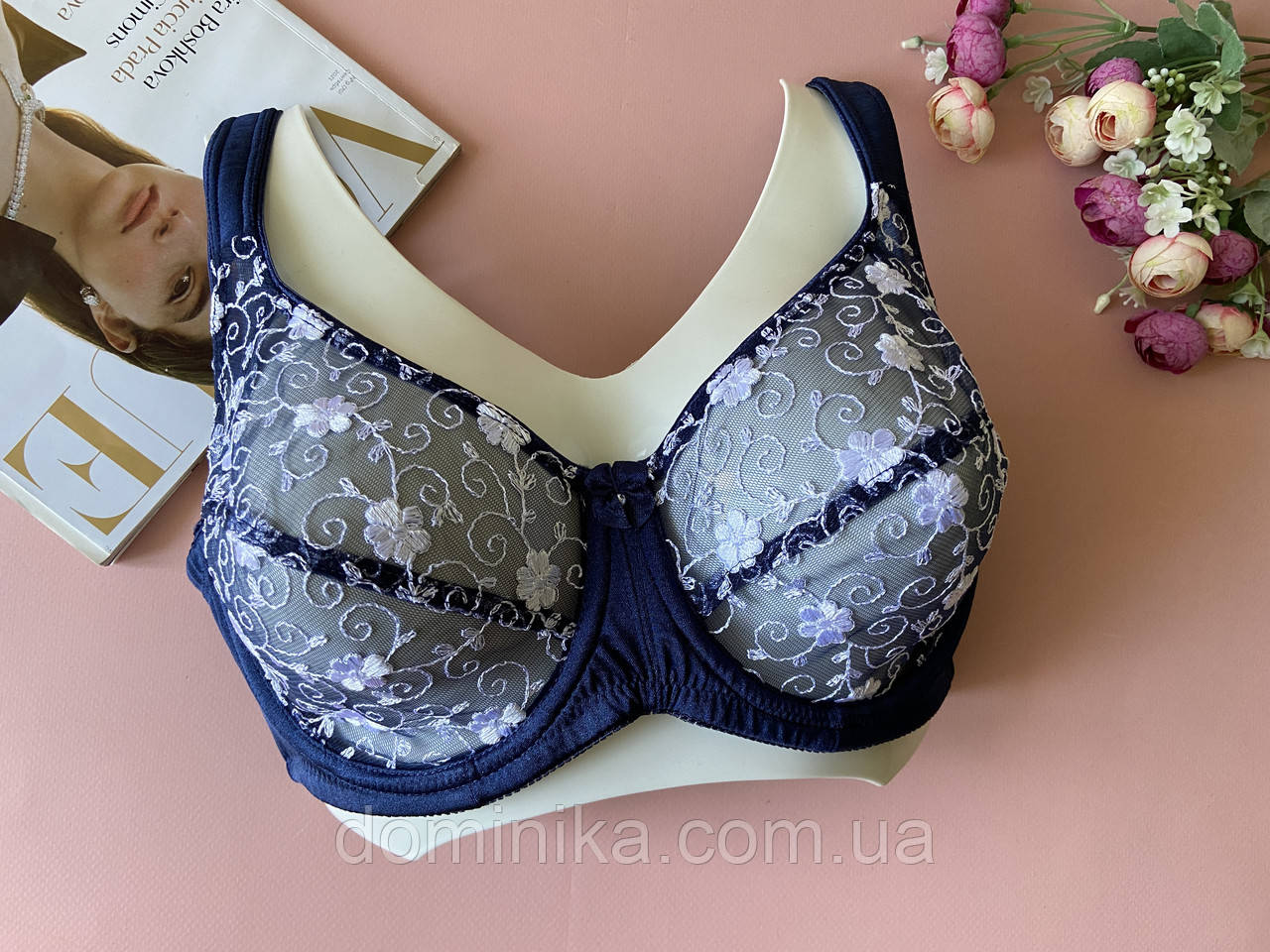 85E Синій прозорий мереживний бюстгальтер великих розмірів на чашку Е
