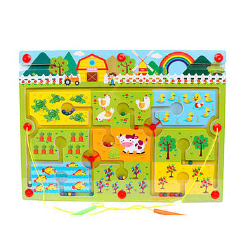 Іграшка-лабіринт "Happy Farm" на дерев'яній дошці з магнітними кульками і магнітними паличками, 40х30х1,5cm