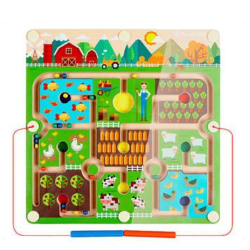 Іграшка-лабіринт "Ферма" на дерев'яній дошці з магнітними кульками і магнітними паличками, 28х28х1,5cm