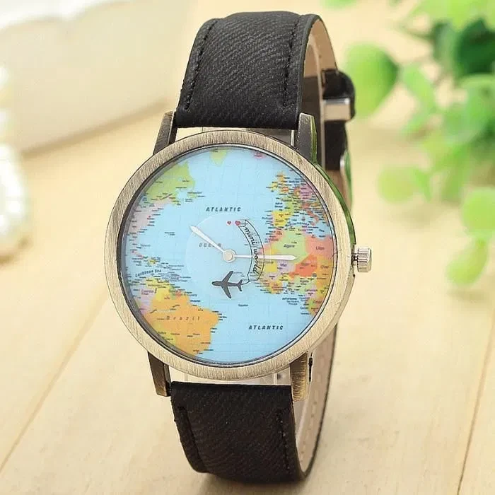 Наручний годинник із картою світу та літальним літаком 4 см Міцний ремінець!