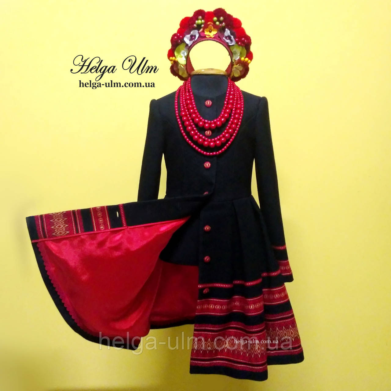 Пальто в етностилі дитяче "Верховина" чорно-червоне, 98, фото 1