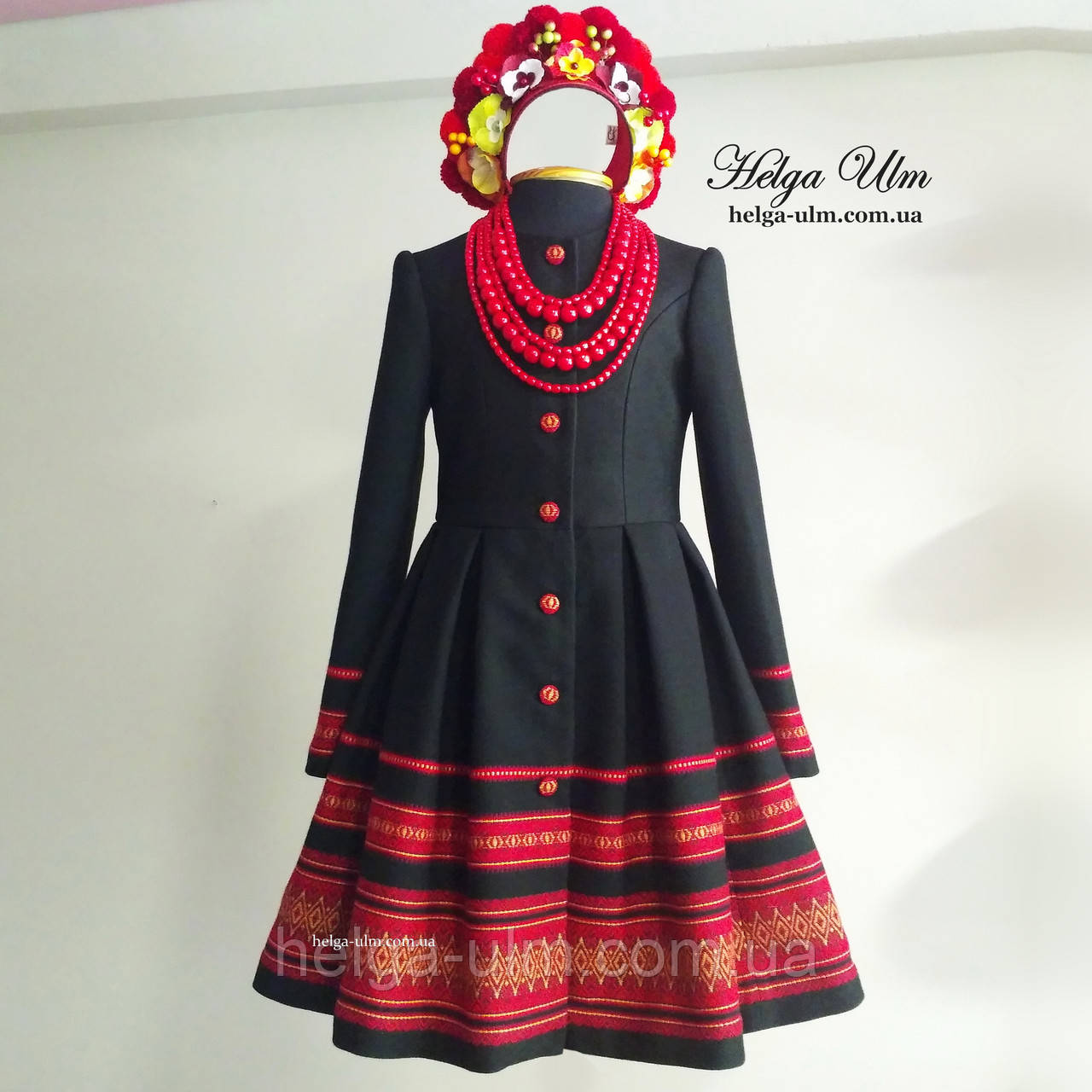 Пальто в етностилі дитяче "Верховина" чорно-червоне, 152, фото 1