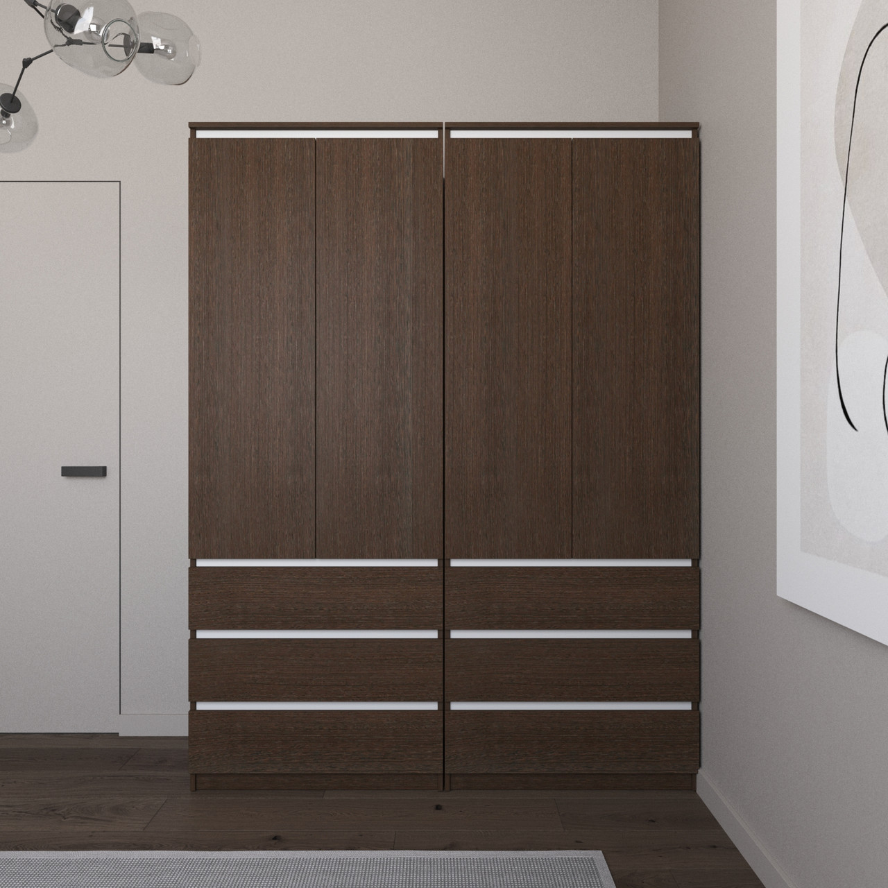 Шафи зі штангою та полицями, комплект з 2 шаф для одягу з 6 шухлядами R9+R16 Венге Темний-Білі планки, фото 1