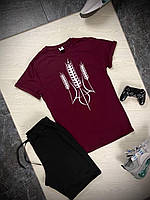Мужской летний комплект шорты футболка бордово-черный Герб колосок