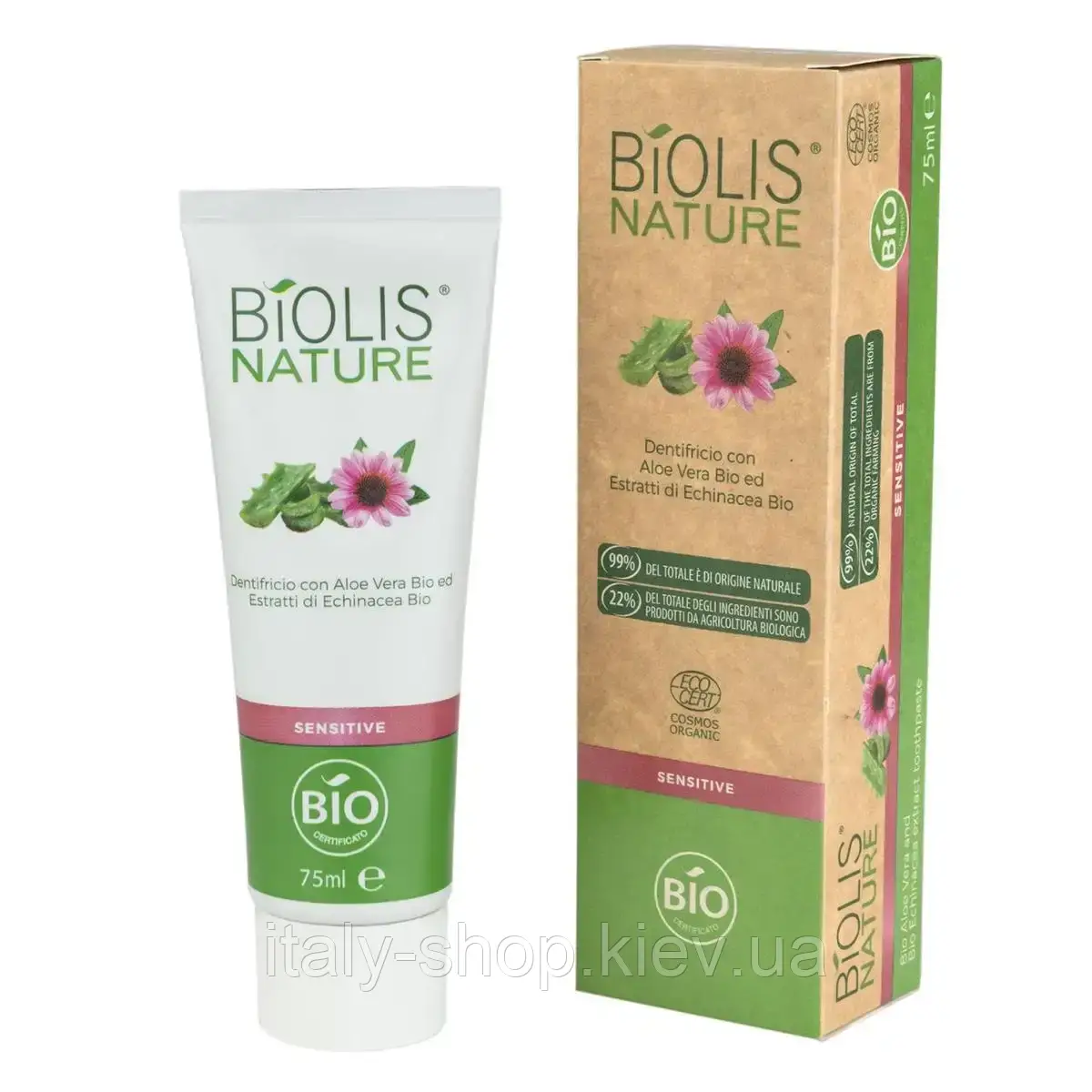BIOLIS NATURE – 99% натуральні інгредієнти! Зубна паста біо Sensetiv з алое віра та ехінацеєю, Італія