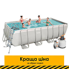 Каркасний прямокутний басейн Bestway 56671 (488х244х122 см, 11532 л, сходи, пісочний фільтр, тент) Сірий