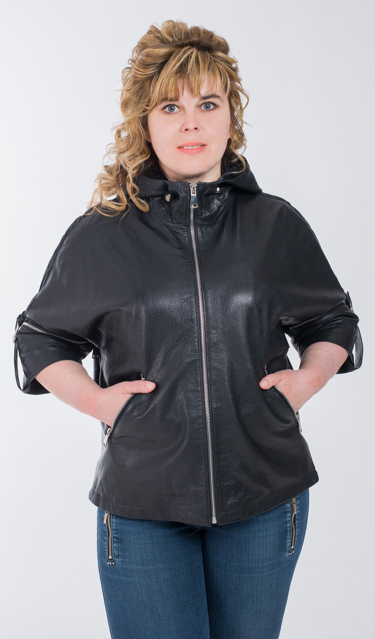 Шкіряна жіноча чорна курточка-трансформер з капюшоном, фото 1