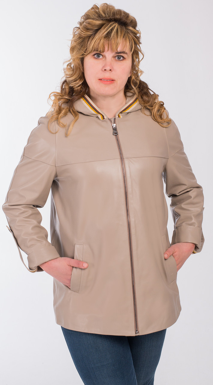 Шкіряна жіноча бежева куртка с капішоном, фото 1