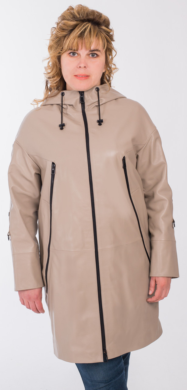 Шкіряна жіноча бежева подовжена куртка-плащ з капюшоном, фото 1