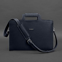 Женская кожаная сумка для ноутбука и документов большая горизонтальная через плечо с ручками темно-синяя