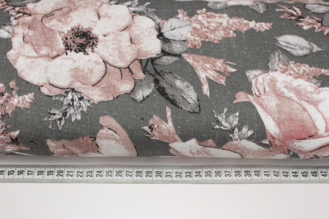 Муслин "Цветы с серыми листьями" розовых,бежевых и капучиновых оттенков на графитовом № 3-156 - фото 4 - id-p1260868943