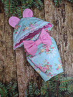 Летний конверт одеяло "Ушастый" бирюзовый с розовым, хлопок