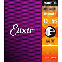 Струны для акустической гитары Elixir 16077 Nanoweb Phosphor Bronze Acoustic Light-Medium 12/56 Rich & Full Sm