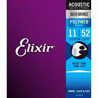 Струни Для Акустичної Гітари Elixir 11025 Polyweb 80/20 Bronze Acoustic Custom Light 11/52 Warm Slick & Fast