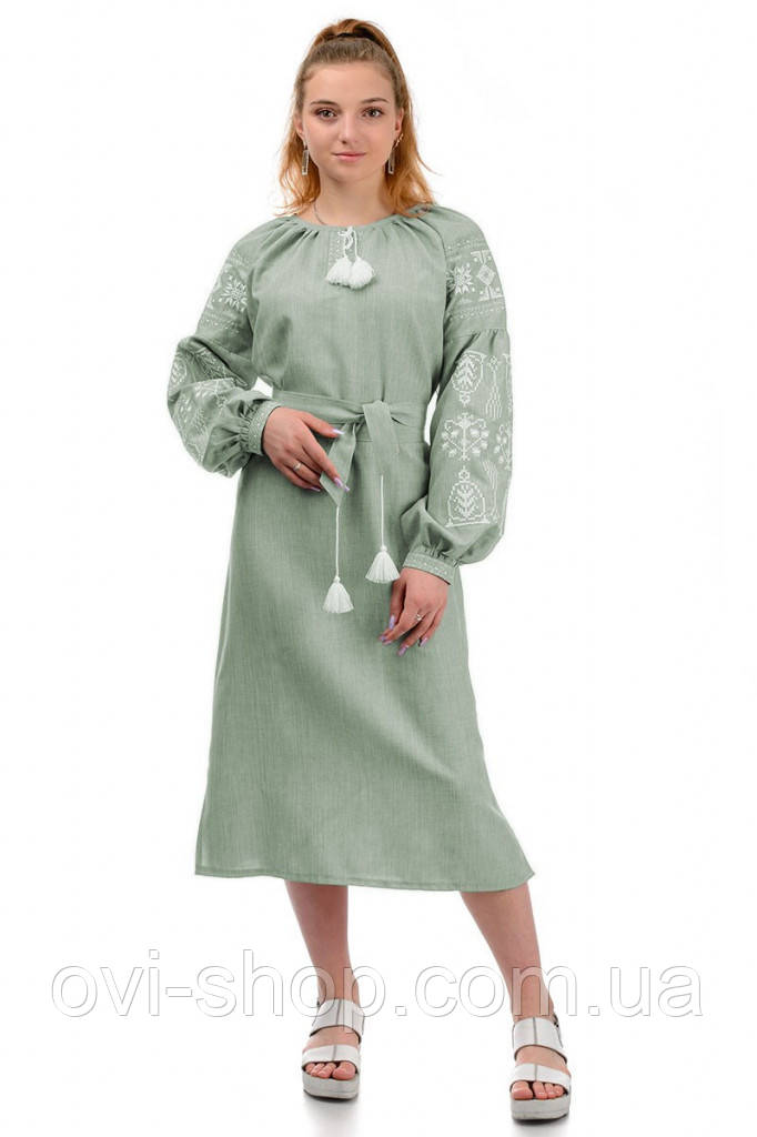 Сукня вишиванка «Купава» міді, колір оливка, фото 1