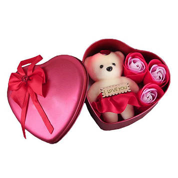 Подарунковий набір у формі серця мильні троянди 3 шт з мишком Рожевий Дропшипинг