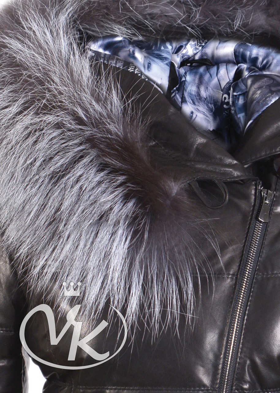 Короткий кожаный пуховик женский с чернобуркой зимний (Арт. ALS202) - фото 4 - id-p24969955