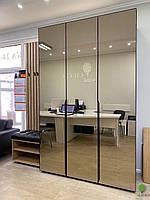 Шафа розпашна з фасадами дзеркало та м’яким сидіння з гачками на рейках.