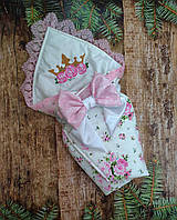 Ошатний конверт з вишивкою для новонароджених дівчаток білий з рожевим, бавовна