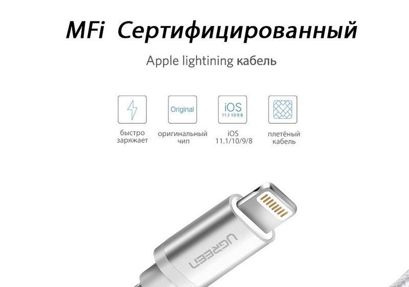 Кабель зарядный Ugreen MFi сертифицированный lightning 2.4А с алюминиевым корпусом 2М White (US199) - фото 2 - id-p1631860814