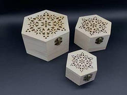 Скринька для декупажу з замком, завісами. Різьба. 3шт/комплект. 14,5х14,5х9см / Скринька для декупажу з замком, завісами. Різьба.