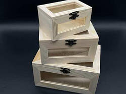 Скринька для декупажу з замком, завісами і скельцем. 3 шт/комплект. 18х12,5х10см / Скринька для декупажу з замком, завісами і