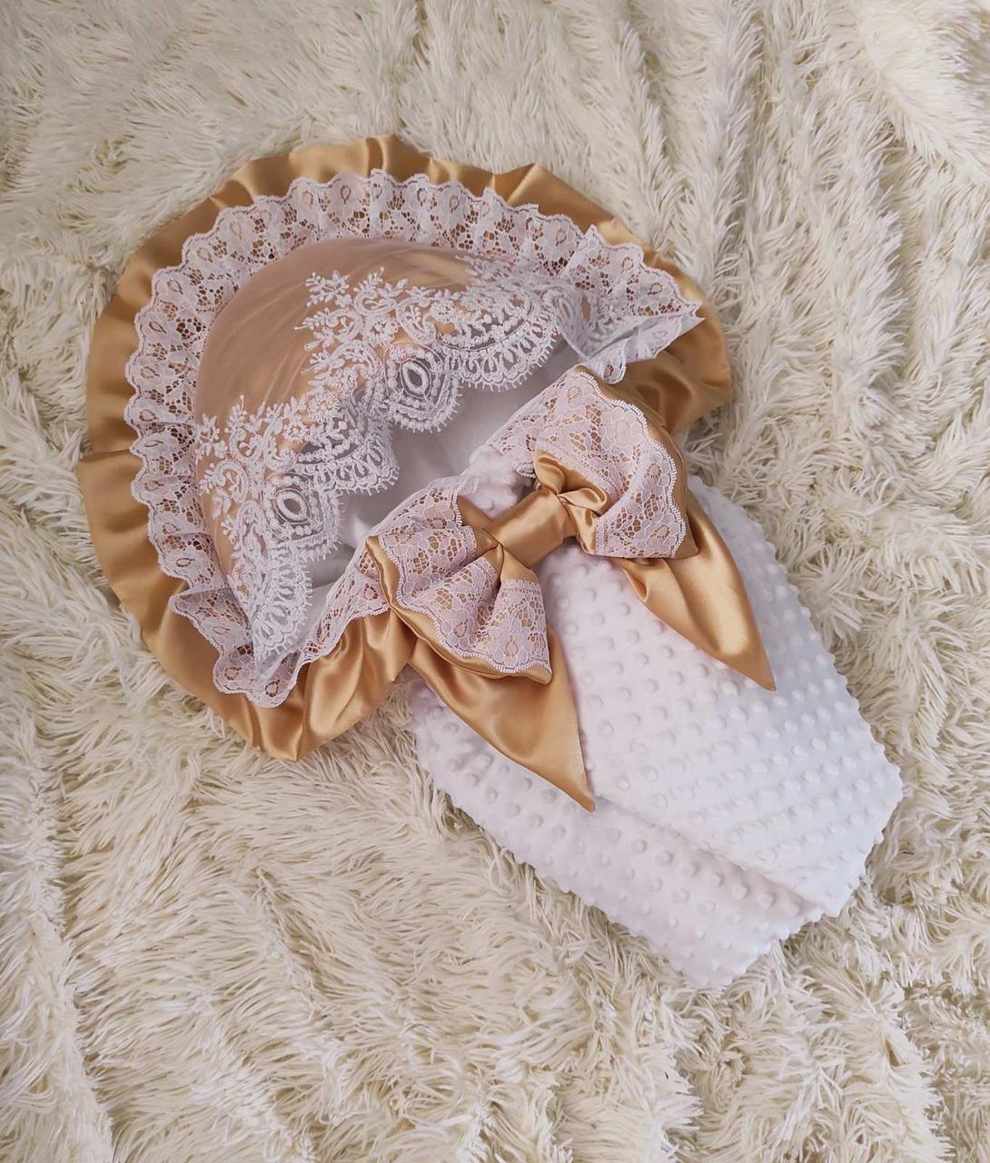 Ошатний демісезонний конверт на виписку "Кружево", білий з бежевим, плюш/бавовна, фото 1