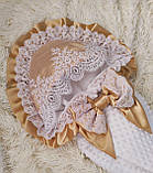 Ошатний демісезонний конверт на виписку "Кружево", білий з бежевим, плюш/бавовна, фото 3