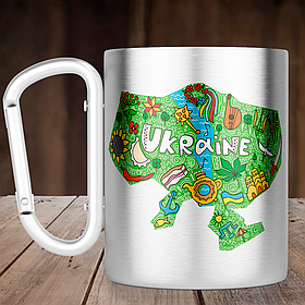 Чашка з ручкою карабін з мапою України, металева кружка 300 мл, Срібляста