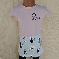 Футболка для дівчинки рожева з білим та з кішечками ДШ