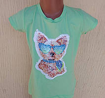 Футболка для дівчинки бірюзова з собачкою з паєток ДШ
