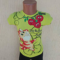 Футболка для дівчинки жовта з котом та вишеньками ДШ