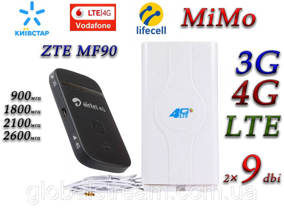 Комплект 4G+LTE+3G WiFi Роутер ZTE MF90 Київстар, Vodafone, Lifecell з антеною MIMO 2×9dbi