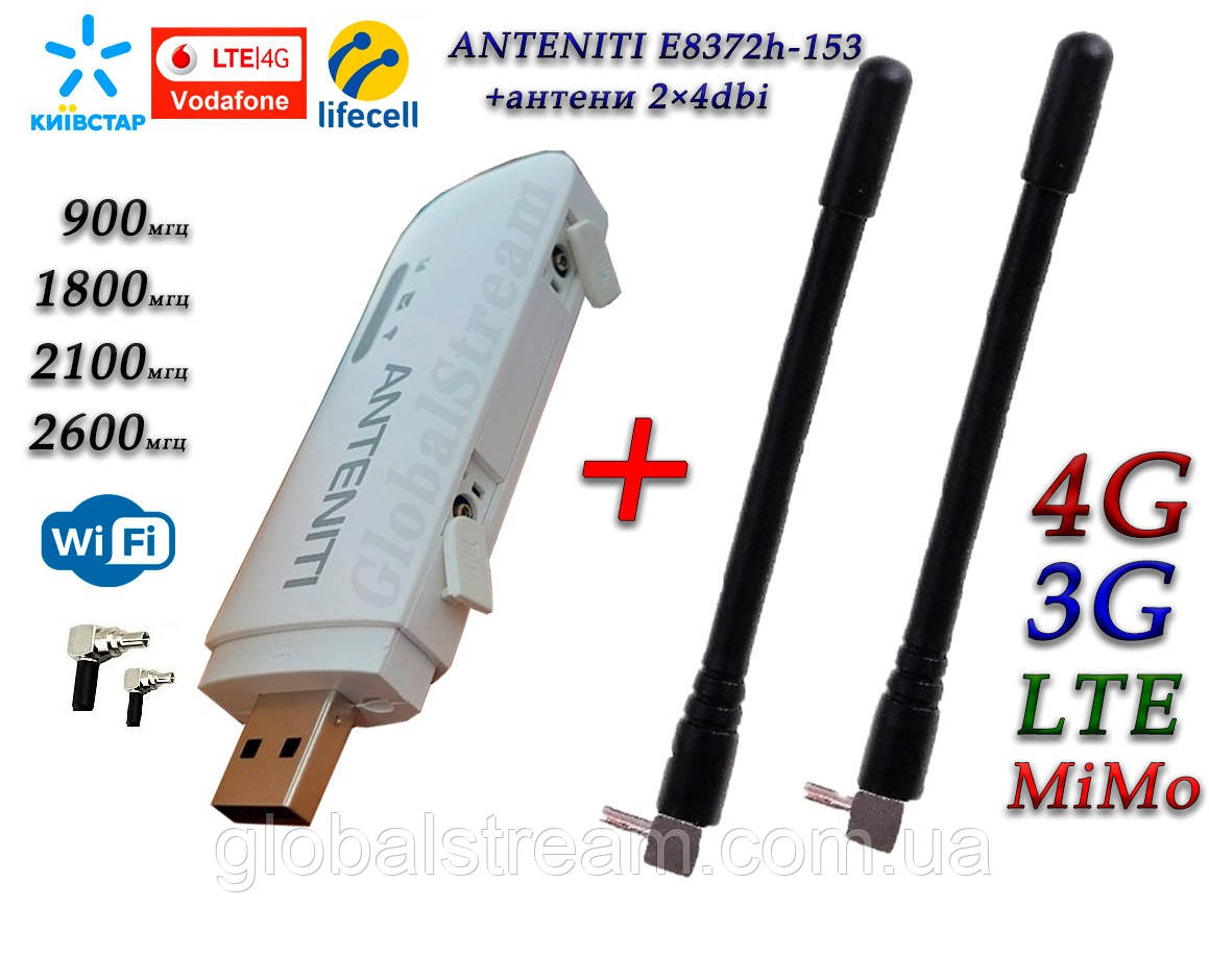 Мобільний модем 4G+LTE+3G Wi-Fi Роутер ANTENITI E8372h-153 USB Київстар, Vodafone, Lifecell з 2 вих. підант.