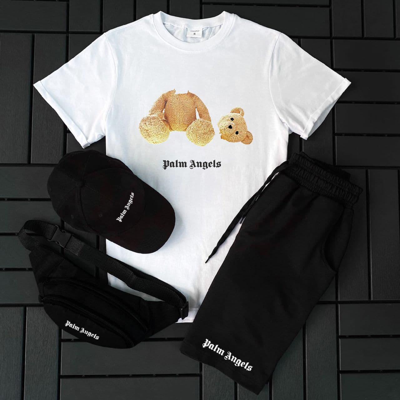 Чоловічий літній костюм Palm Angels з ведмедем Футболка + Шорти + Кепка + Барсетка чорно-білий Палм Ангелс