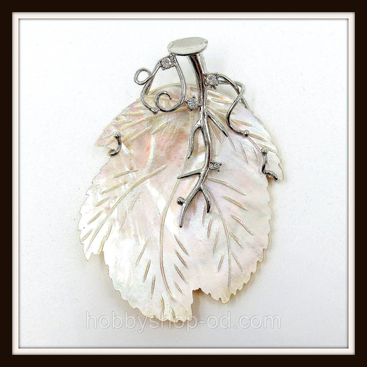 Кулон Лист із натурального перламутру зі стразами, фото 1