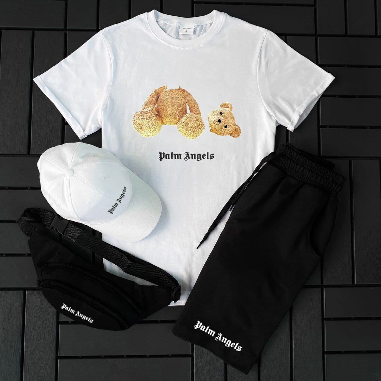 Чоловічий літній костюм Palm Angels з ведмедем Футболка + Шорти + Кепка + Барсетка чорно-білий Палм Ангелс
