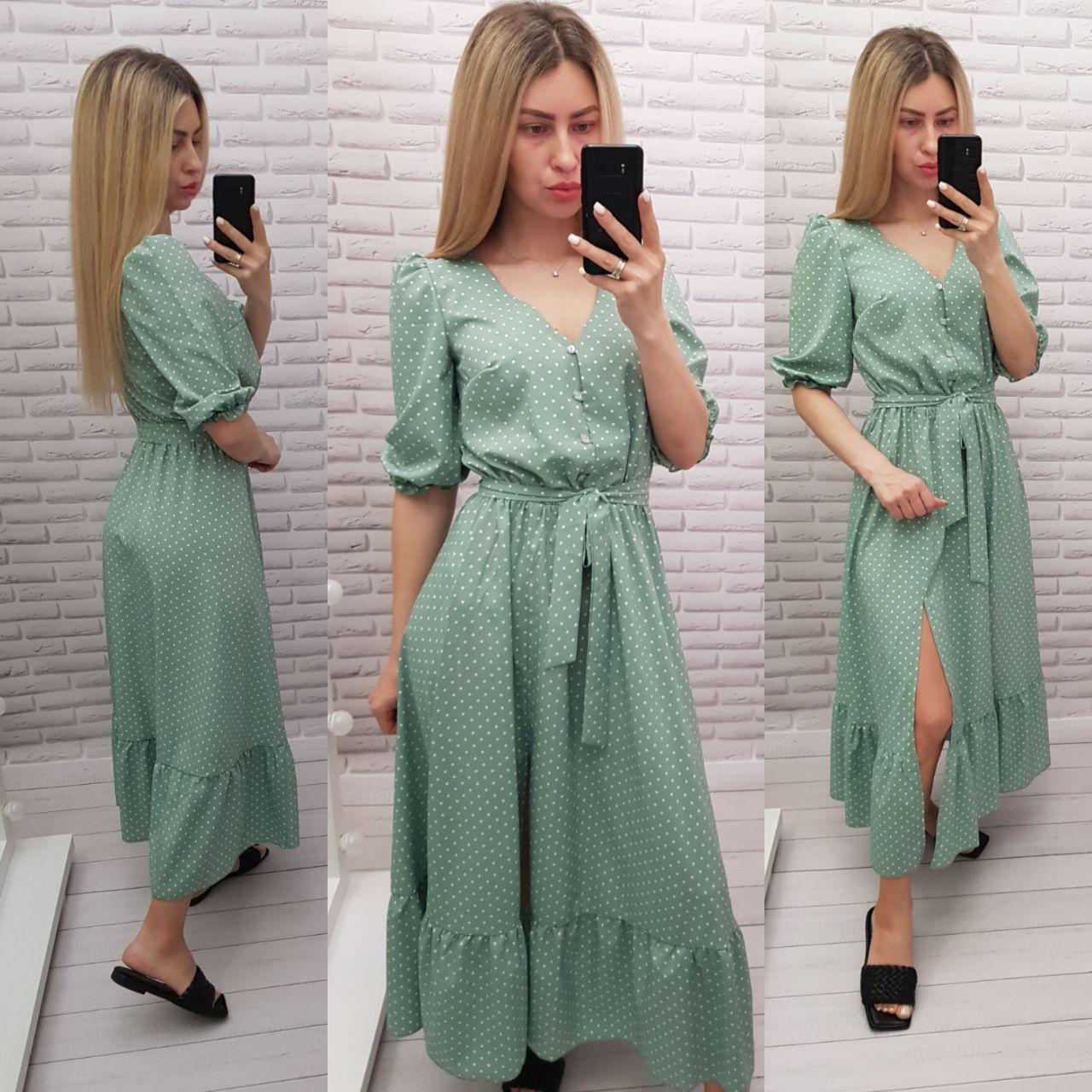 Плаття в горох довге з розрізом до стегна світло-зелене/зелене/зелене кольору/шалфей арт. 423, фото 1