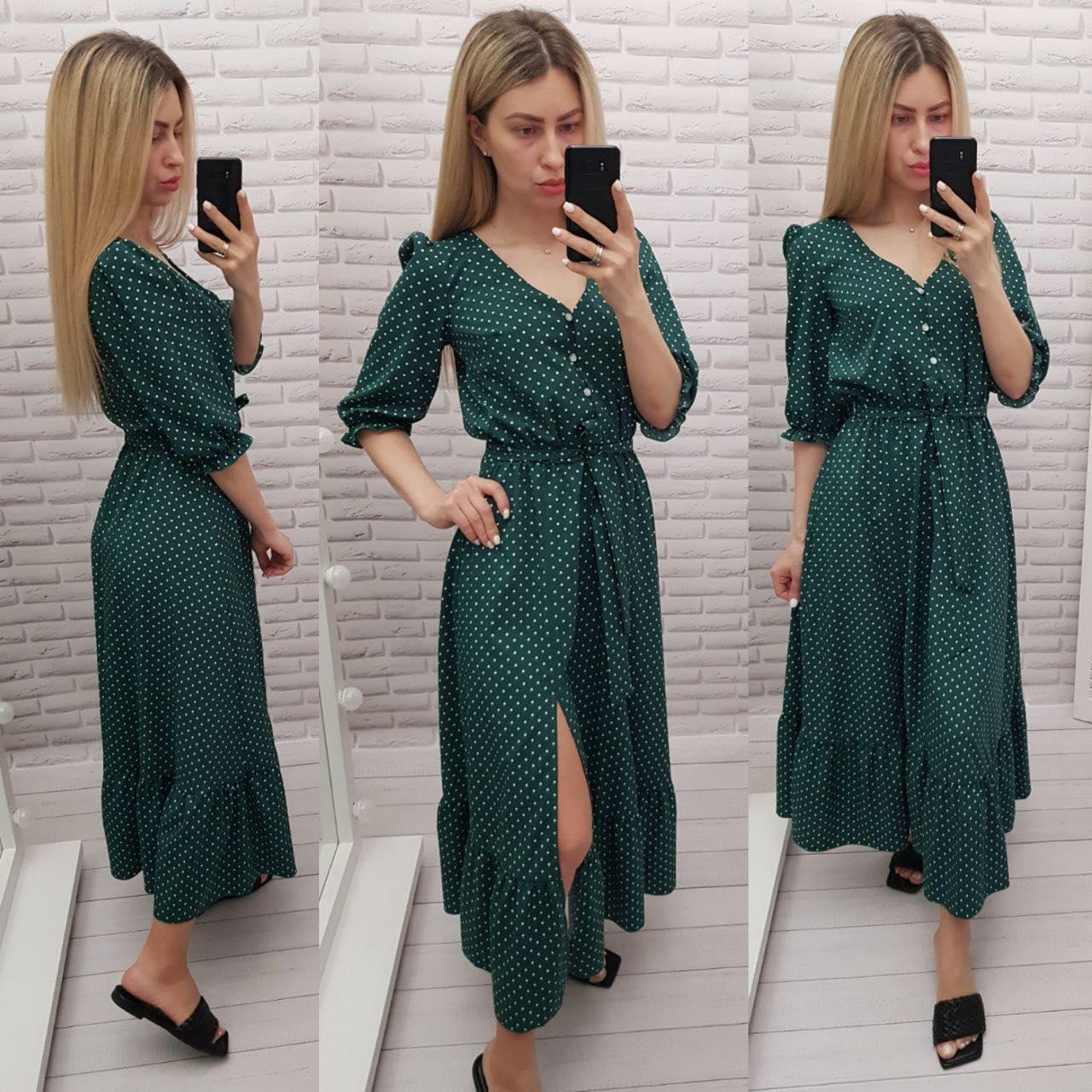 Плаття в горох довге з розрізом до стегна темно-зелене/зелене/зеленого кольору арт. 423