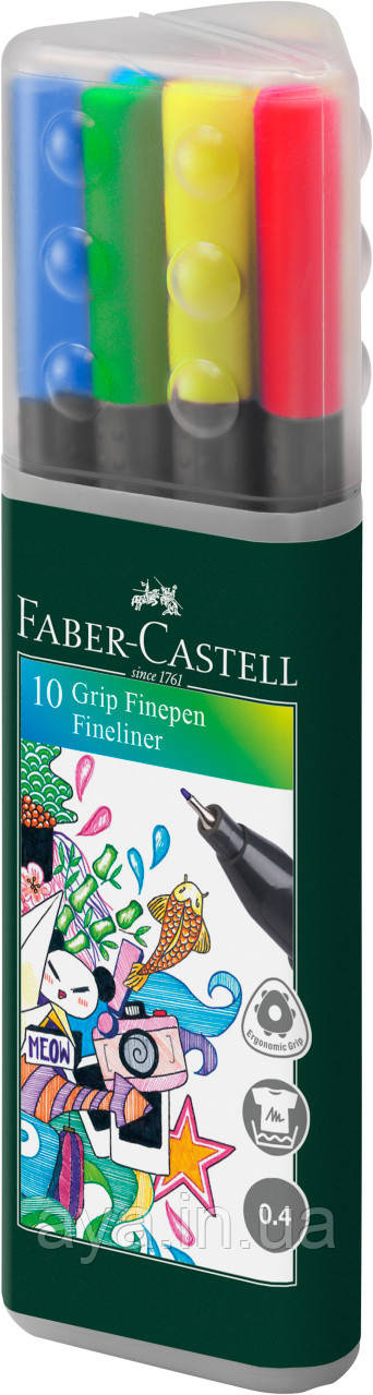 Набір капілярних тригранних ручок Faber-Castell Grip Finepen, 0,4 мм, 10 кольорів, у пластиковому пеналі, фото 1