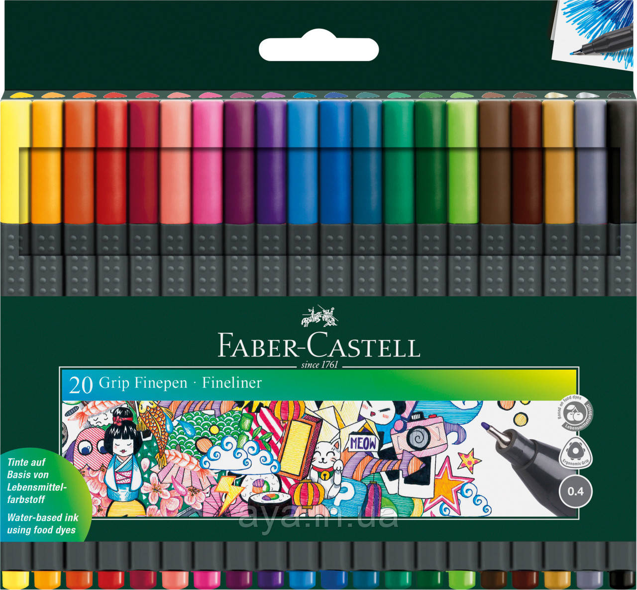Набір капілярних тригранних ручок Faber-Castell Grip Finepen, 0,4 мм, 20 кольорів, фото 1