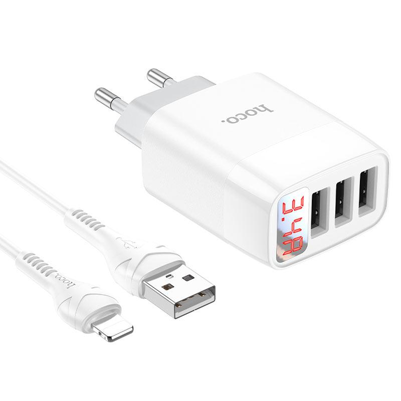 Мережевий зарядний пристрій з дисплеєм на 3USB + кабель Lightning Apple iPhone HOCO C93A Easy charge |3USB, 3.4A| Білий