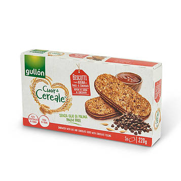 Печиво Gullon Cuor de Cereale crema di Nocciola з шоколадними крихтами і горіховим кремом 220гр, (8шт/ящ)