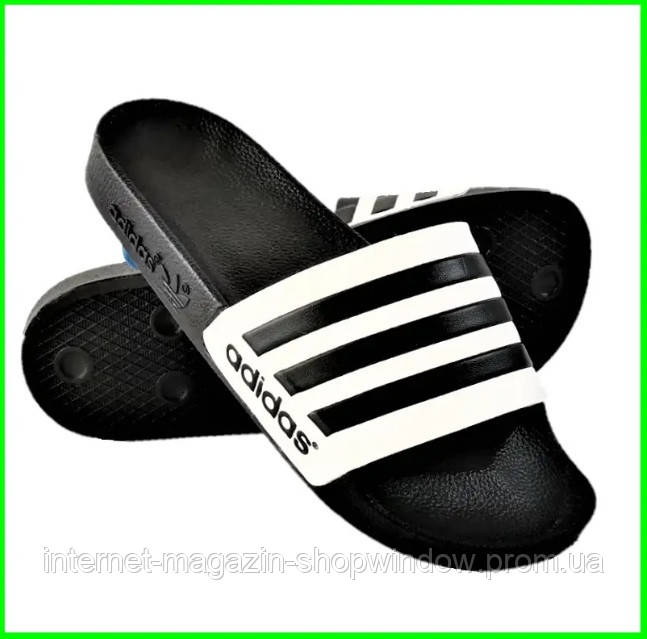 Мужские Шлёпанцы Adidas. Чёрные с белым шлёпанцы Адидас