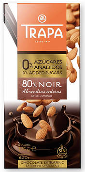 Чорний шоколад Trapa Intenso 80% без цукру з мигдалем 175гр, (10шт/ящ)