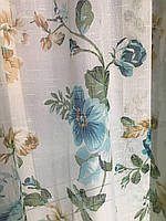 Красивий тюль з льону з бежево-блакитним квітковим принтом на метраж і оптом, висота 2.8м (822-4), фото 3
