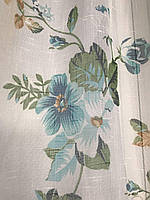 Красивий тюль з льону з бежево-блакитним квітковим принтом на метраж і оптом, висота 2.8м (822-4), фото 4