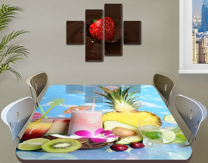 Скатертина силіконова на стіл із фотодруком Тропічні фрукти та коктейлі 60 х 100 см (1,2 мм)