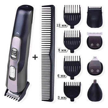 Аккумуляторна машинка набір для стриження волосся Geemy GM 592 триммер для бороди носа і вух 10 в 1 чорний